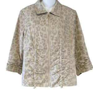 Chico's Size 1 Tan Linen/Cotton Blend Leopard Print Zip Jacket Flecks of Sparkle